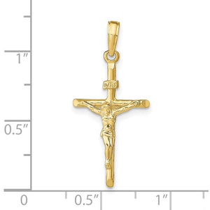 Gold crucifix pendant with measurement scale on a white background
