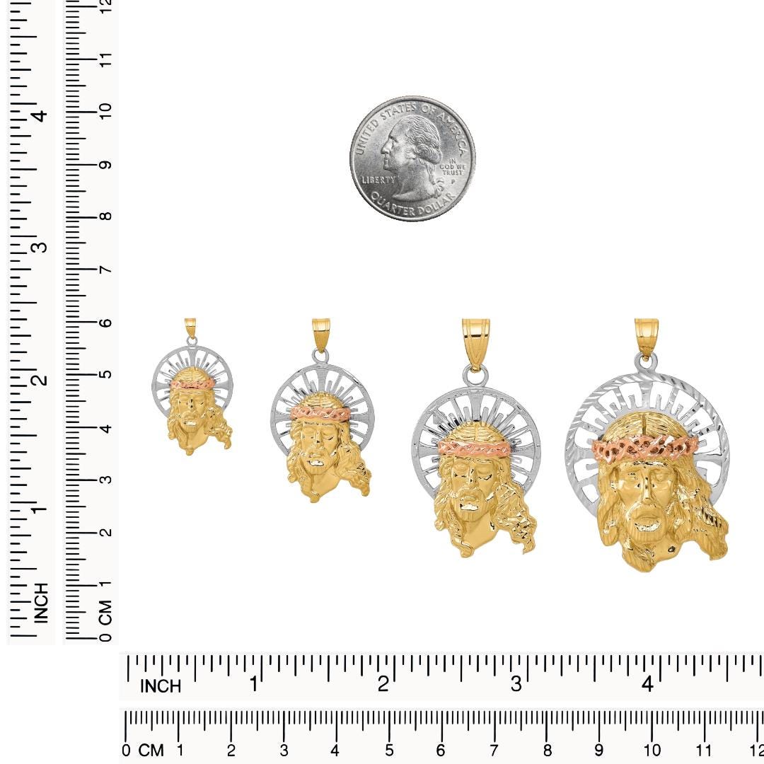 14K Tri-Color Gold Jesus Pendant with Crown & Halo - Solid Gold Religious Jewelry - Christ Charm in 4 Sizes - Gift Box Included