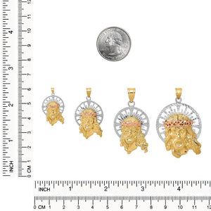 Four sizes of the tri-color Jesus pendant next to a quarter and ruler