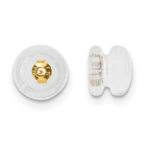 Silicone slider earring back with a 14K yellow gold core, front and side views