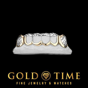 Bottom 6 of the two-tone grillz set on a mold with yellow window frames, white diamond-cut tips and box canines
