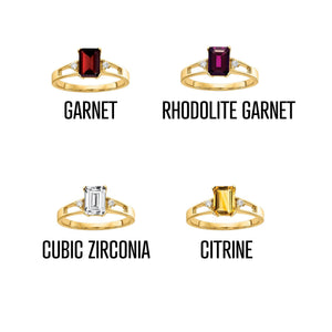 Chart of 14k yellow gold emerald-cut gemstone rings labeled garnet, rhodolite garnet, cubic zirconia and citrine