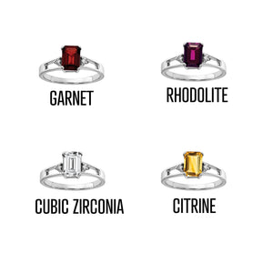 Chart of 14k white gold emerald-cut gemstone rings labeled garnet, rhodolite, cubic zirconia and citrine