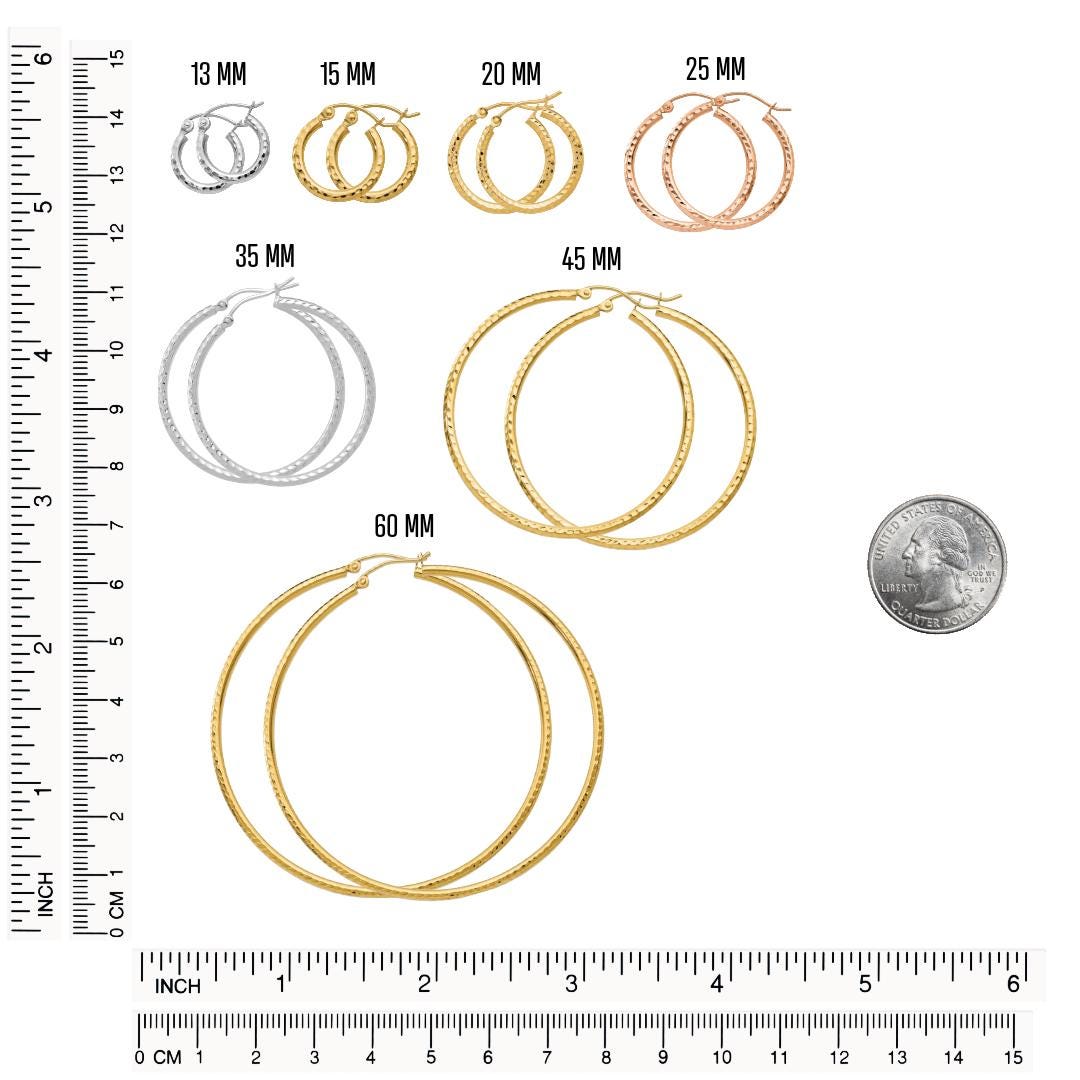 14K or 10K Real Gold Diamond-Cut Hoop Earrings for Women, 2 MM Width, Lightweight Polished Finish, Classic Round Hoops, Multiple Sizes