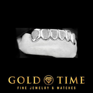 White gold 6 tooth box grillz with diamond dust faces and perm cuts