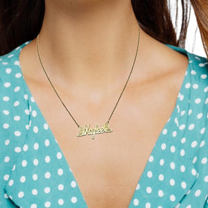 Butterfly nameplate necklace worn on model