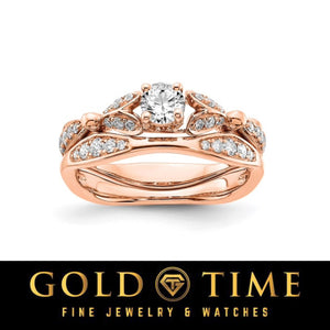14K rose gold bridal set stacked, round center diamond with heart-shaped diamond accents