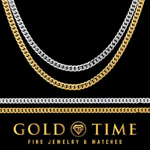 Yellow gold and white gold 3.5mm Miami Cuban chains layered on a black background with the Gold Time Fine Jewelry and Watches logo