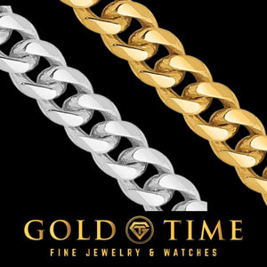 Macro view of white gold and yellow gold Miami Cuban links showing the polished flat faces