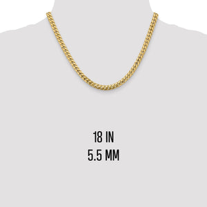 Yellow gold 5.5mm Miami Cuban chain at 18 inch length on a neck form