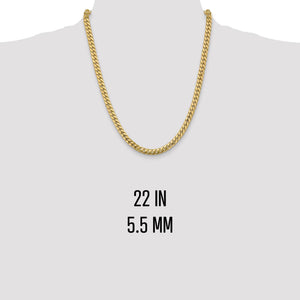 Yellow gold 5.5mm Miami Cuban chain at 22 inch length on a neck form