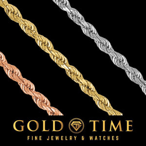 Close up of diamond-cut rope chain links in yellow, white, and rose gold showing the twisted sparkle