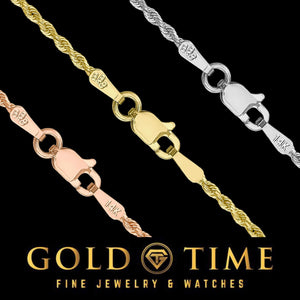Lobster clasps on 1.5mm rope chains in rose, yellow, and white gold with karat stamps on the end tags