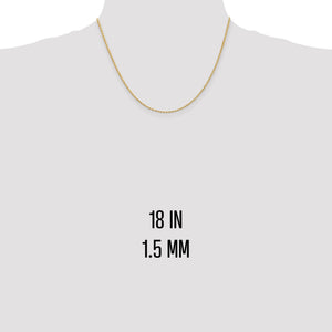 Yellow gold 1.5mm rope chain shown at 18 inches on a neck form
