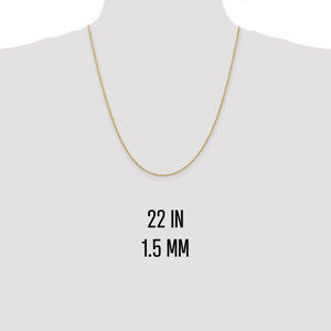 Yellow gold 1.5mm rope chain shown at 22 inches on a neck form