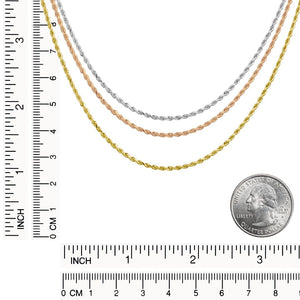 1.5mm rope chains in white, rose, and yellow gold next to a quarter and ruler for size reference