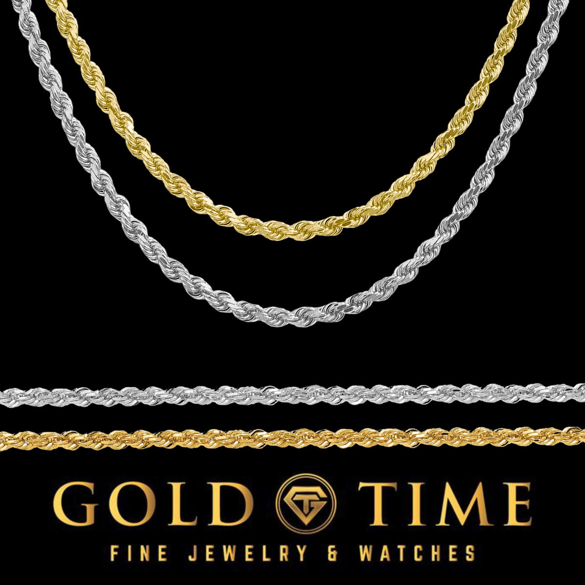 Solid Gold Rope Chain 3mm for Men & Women, 10k or 14k Yellow White Gold, Polished Diamond-Cut Necklace, Bracelet, or Anklet