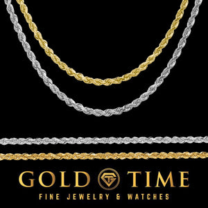 White gold and yellow gold 3mm diamond cut rope chains shown together with a close up of the twisted links