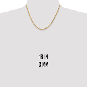 18 inch 3mm gold rope chain shown on a neck form