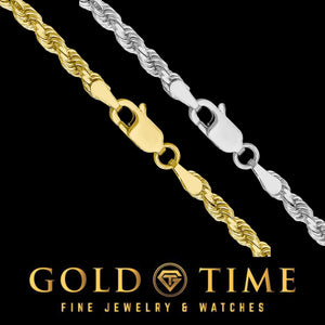 Yellow and white gold rope chains photographed close up with their lobster clasps