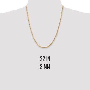 22 inch 3mm gold rope chain shown on a neck form