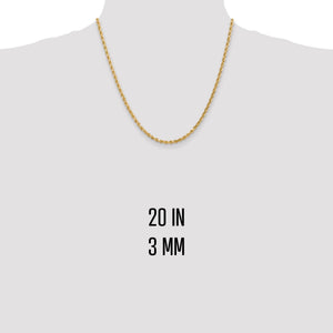 20 inch 3mm gold rope chain shown on a neck form