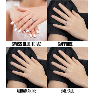 Four hand models wearing the gemstone ring in Swiss blue topaz, sapphire, aquamarine and emerald