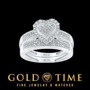 Heart-shaped sterling silver diamond bridal set, engagement ring and matching band, on a black background with Gold Time branding