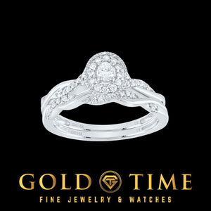 14k white gold oval halo diamond bridal set with twisted diamond shank and contoured matching wedding band