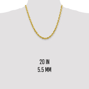 20 inch 5.5mm gold rope chain shown on a neck form
