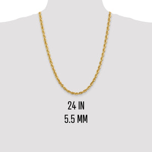 24 inch 5.5mm gold rope chain shown on a neck form