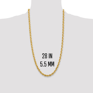 28 inch 5.5mm gold rope chain shown on a neck form