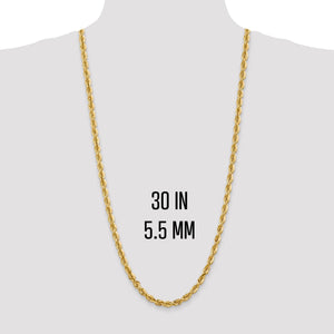 30 inch 5.5mm gold rope chain shown on a neck form