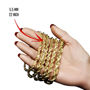 5.5mm gold rope chain wrapped around a hand to show its weight and thickness