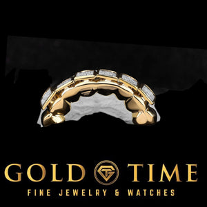 Two tone CZ block grillz top and bottom sets shown together on a black background