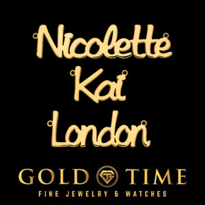 Three yellow gold Daisy Dash nameplates reading Nicolette, Kai and London