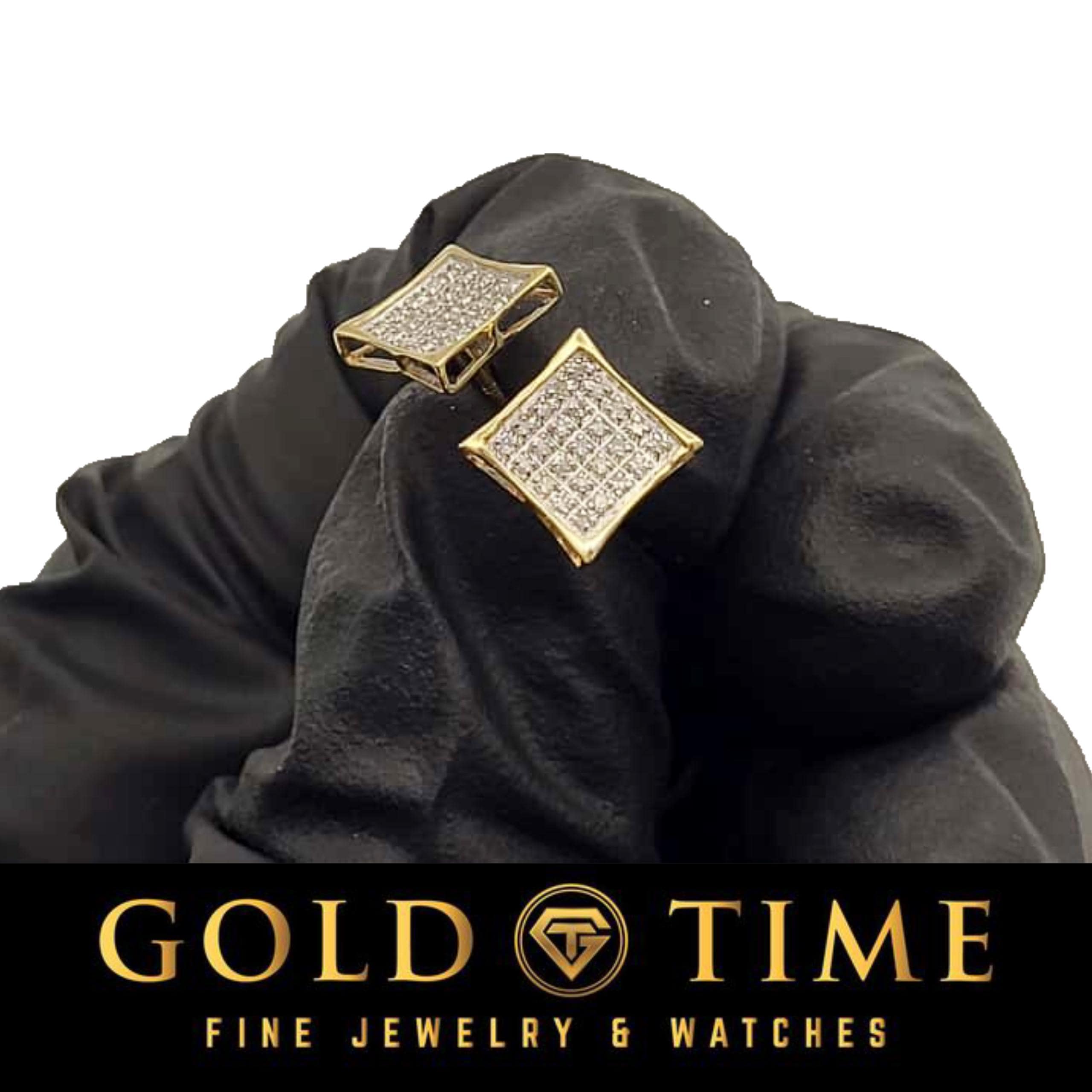 10K Gold Diamond Kite Square Earrings  White or Yellow Gold 1/6 CTW Micro-Pavé Studs for Men or Women  10mm with Gift Box