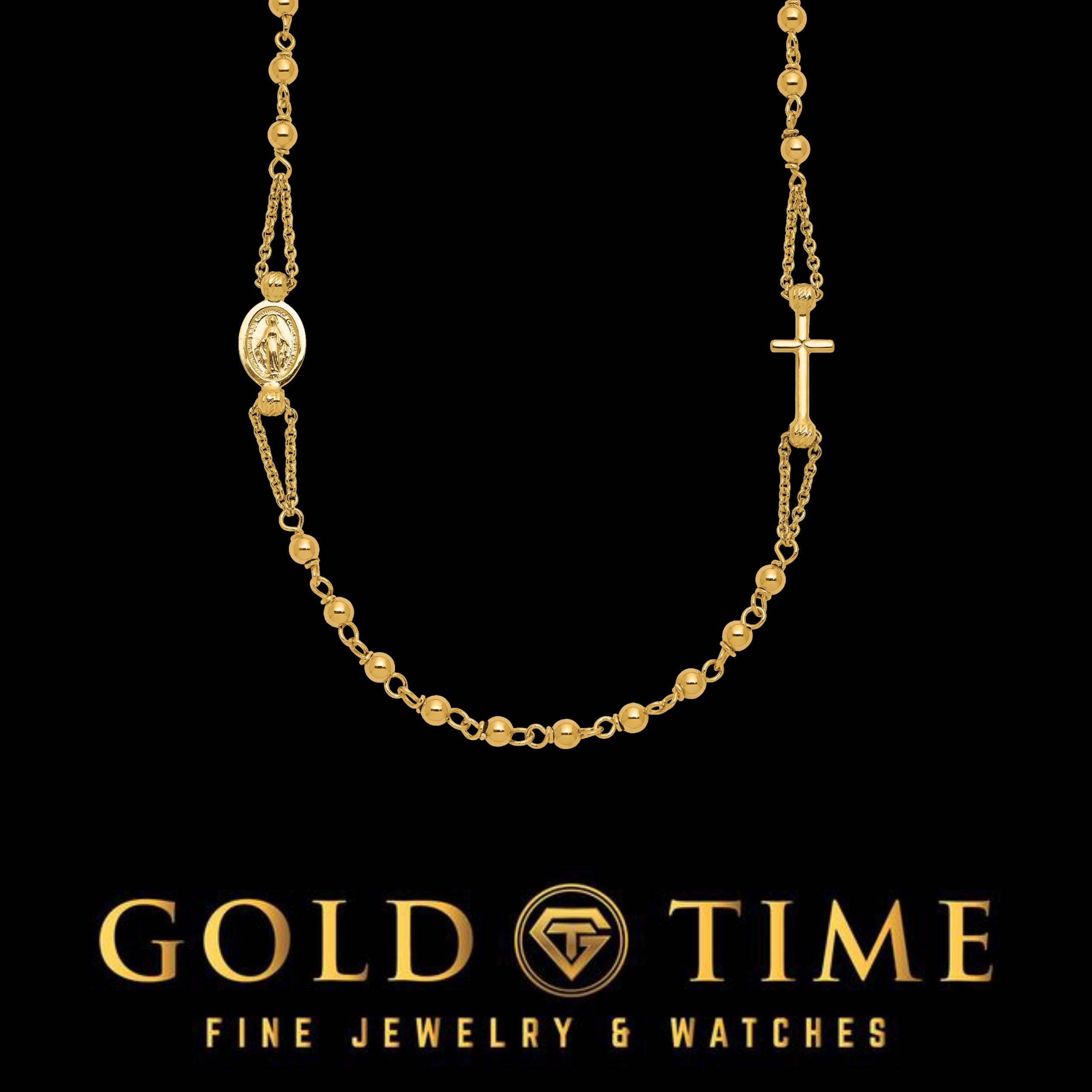 14K Yellow Gold Rosary Necklace Bracelet Set: Diamond-Cut Beaded Cross & Virgin Mary