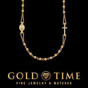 14K gold rosary necklace with diamond-cut beads, a Virgin Mary medal, and a cross