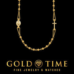 14K Yellow Gold Rosary Necklace Bracelet Set: Diamond-Cut Beaded Cross & Virgin Mary