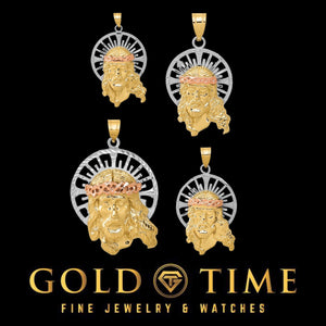 14K tri-color Jesus head pendants in four sizes with rose gold crowns and white gold halos