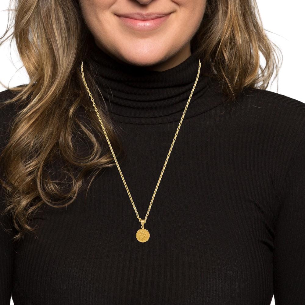 18K Solid Gold Saint Christopher Pendant Medal Necklace for Men Women  Religious Charm in 17mm or 29.5mm with Gift Box