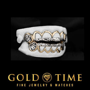 Right angle of the 12 piece two-tone trillion grillz showing the white diamond-cut box canines