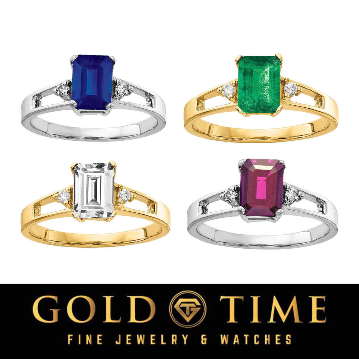 14K Gold Emerald Cut Gemstone Ring with Diamond Accents