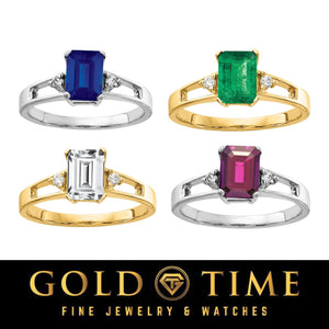 Four 14k gold emerald-cut gemstone rings with diamond accents in sapphire, emerald, white stone and rhodolite, in white and yellow gold, with the Gold Time logo