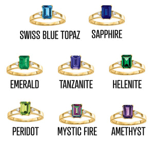 Chart of 14k yellow gold emerald-cut gemstone rings labeled Swiss blue topaz, sapphire, emerald, tanzanite, helenite, peridot, mystic fire and amethyst