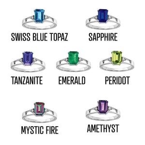 Chart of 14k white gold emerald-cut gemstone rings labeled Swiss blue topaz, sapphire, tanzanite, emerald, peridot, mystic fire and amethyst