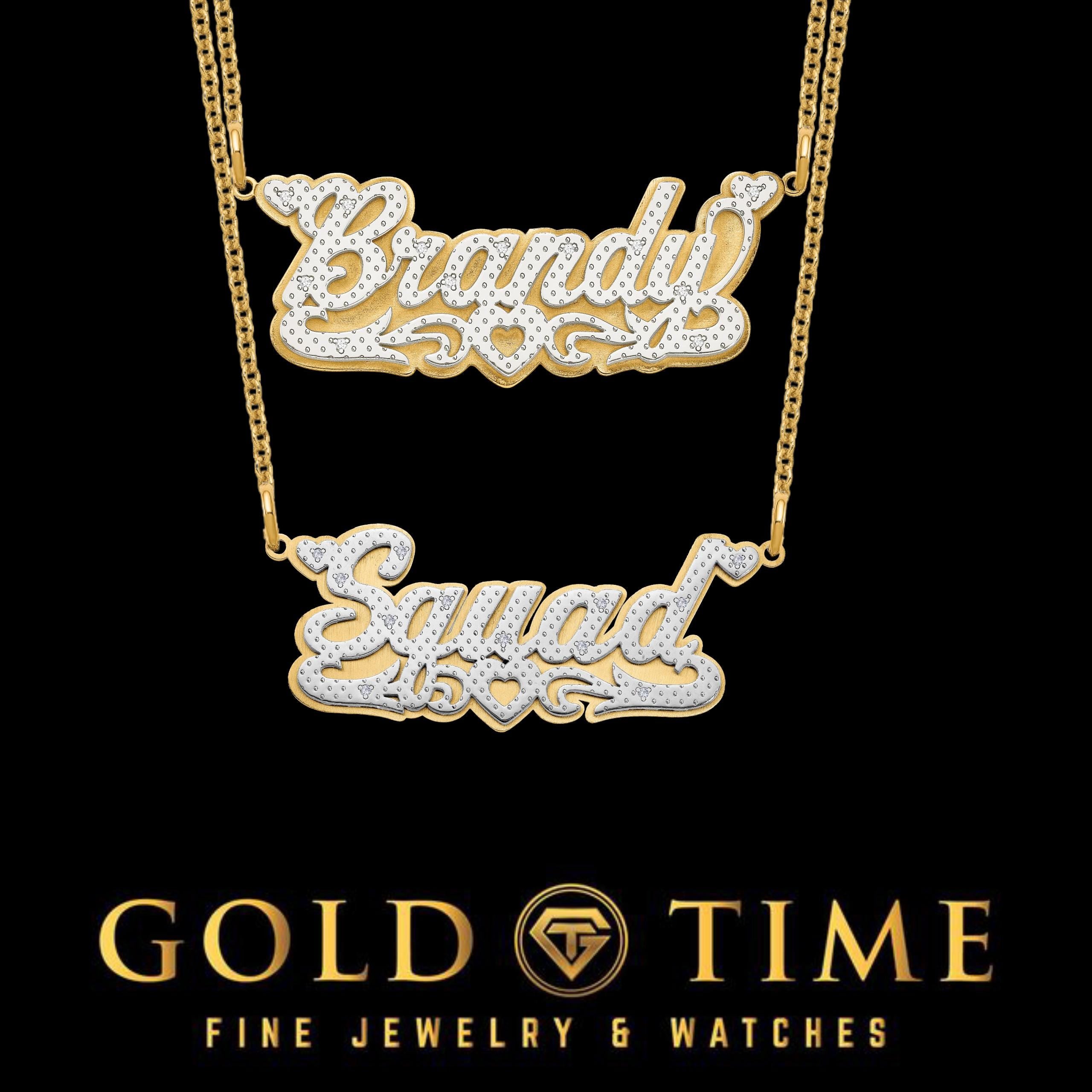 Custom 3D Diamond Name Necklace Double Layer | 10k 14k Gold Personalized Two-Tone Heart Nameplate | Custom Name Jewelry Gift for Her