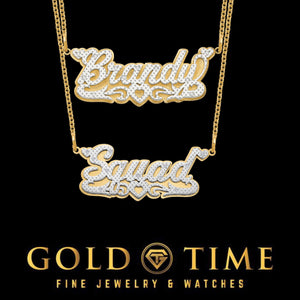Two 3D double layer diamond name necklaces reading Brandy and Squad in two-tone gold