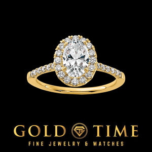 14K yellow gold oval halo engagement ring with a 1 ct oval lab diamond and diamond band